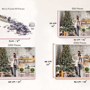 May include: Four different sizes of jigsaw puzzles featuring a family decorating a Christmas tree in a kitchen. The puzzles are 99 pieces, 500 pieces, 1000 pieces, and 2000 pieces. The puzzle sizes are listed in both inches and centimeters.