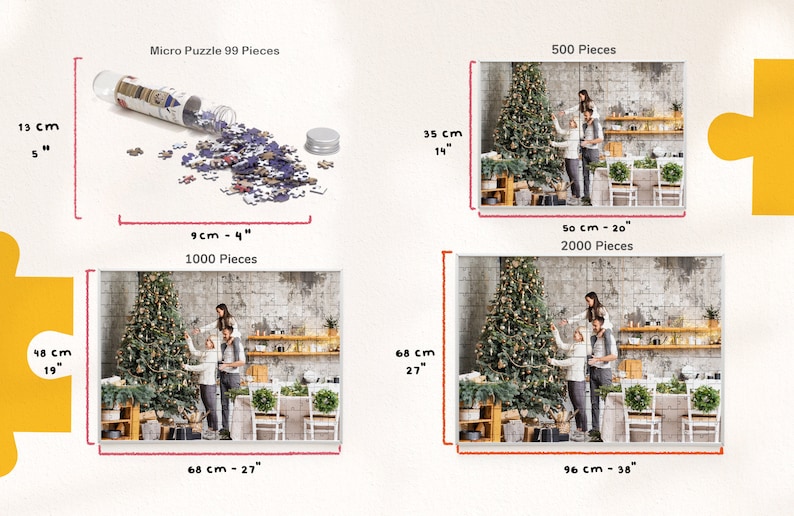 May include: Four different sizes of jigsaw puzzles featuring a family decorating a Christmas tree in a kitchen. The puzzles are 99 pieces, 500 pieces, 1000 pieces, and 2000 pieces. The puzzle sizes are listed in both inches and centimeters.