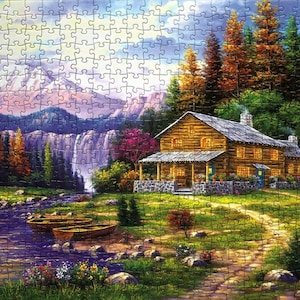 Mountain Twilight legpuzzel van 1000 stukjes: hut en waterval