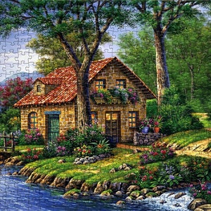Jigsaw Puzzle for Adults 1000 Pieces, Cottage by the Stream Puzzle, Christmas Gift for Mother, 1000 Piece Puzzle, Unique Jigsaw Puzzles