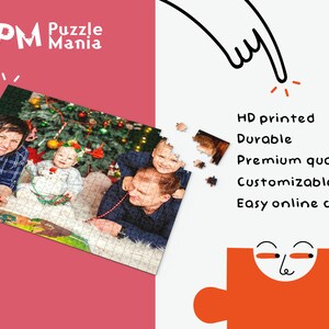 May include: A custom photo puzzle featuring a family of four in front of a Christmas tree. The puzzle is made of high-quality materials and is printed with vibrant colors.  The puzzle is customizable and easy to create online.  PM Puzzle Mania.