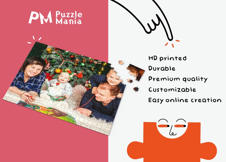 May include: A custom photo puzzle featuring a family of four in front of a Christmas tree. The puzzle is made of high-quality materials and is printed with vibrant colors.  The puzzle is customizable and easy to create online.  PM Puzzle Mania.