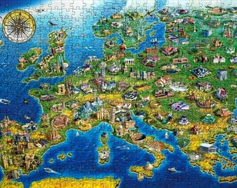 Rompecabezas del mapa de Europa: desafío de monumentos legendarios de 2000 piezas