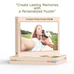 May include: A custom photo puzzle with a picture of a woman kissing her dog on the cheek. The puzzle is 1000 pieces and is made by Puzzle Mania.
