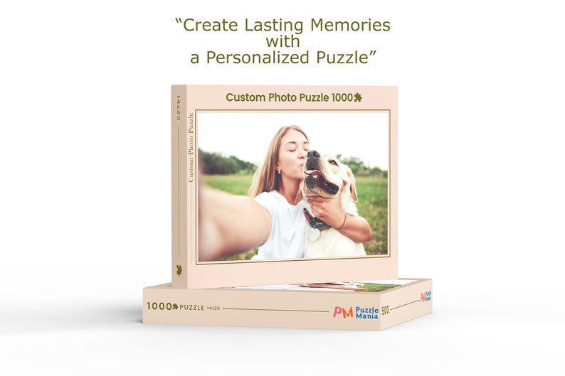 May include: A custom photo puzzle with a picture of a woman kissing her dog on the cheek. The puzzle is 1000 pieces and is made by Puzzle Mania.