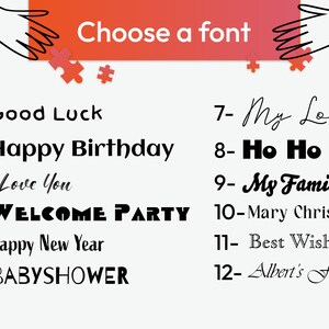 May include: A white background with a red and orange banner at the top that says "Choose a font". Below the banner are 12 different font styles with numbers and text examples. The text examples include "Good Luck", "Happy Birthday", "I Love You", "WELCOME PARTY", "Happy New Year", "BABYSHOWER", "My Love", "Ho Ho Ho", "My Family", "Mary Christmas", "Best Wishes", and "Albert's Family".