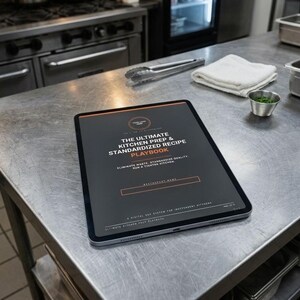 Könnte beinhalten: Ein Tablet, das ein digitales Dokument mit dem Titel The Ultimate Kitchen Prep & Standardized Recipe Playbook anzeigt. Der Bildschirm zeigt weißen und orangen Text auf dunkelgrauem Hintergrund, einschließlich der Sätze Eliminate Waste, Standardize Quality, Run A Tighter Kitchen und A Digital SOP System For Independent Kitchens.