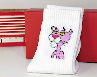 Pink Panther Socks, Make Yourself Happy, Pink Panther Character Socks, Cartoon Socks, Original Gift, Embroidery Cute Sock,Great Gift For Her