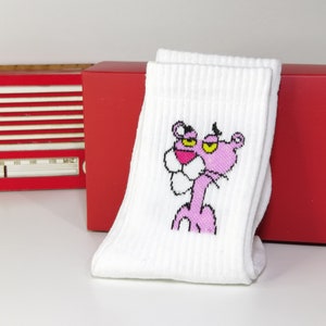 Pink Panther Socks, Make Yourself Happy, Pink Panther Character Socks, Cartoon Socks, Original Gift, Embroidery Cute Sock,Great Gift For Her