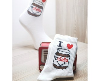 Nutella Socks, Happy Sock, Funny Socks, Funny Gift, Cool Socks, Cartoon Socks, Nutella White, Valentine&#39;s Day Gift, Birthday Gift Socks