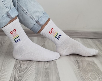 Smile Written Socks, Written in Color Socks, Cartoon Socks, Christmas gift, Original Gift Pack, Embroidery Cute Sock, Great Gift For Her