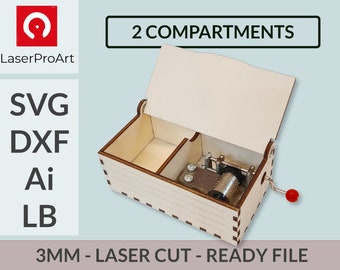 Caja de música - DIY SVG - Archivos de corte láser DXF - Lightburn - Estuche para caja de música de manivela manual - 3mm