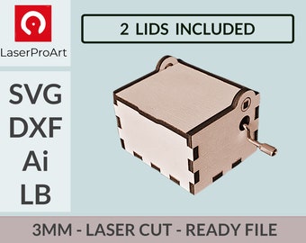 Caja de música - Archivos cortados con láser DIY SVG - DXF - Lightburn - Estuche para caja de música de manivela manual - 3 mm