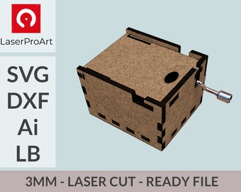 Caja de música - DIY SVG laser cutter archivos - DXF - Lightburn - Estuche para caja de música manual de manivela - 3mm