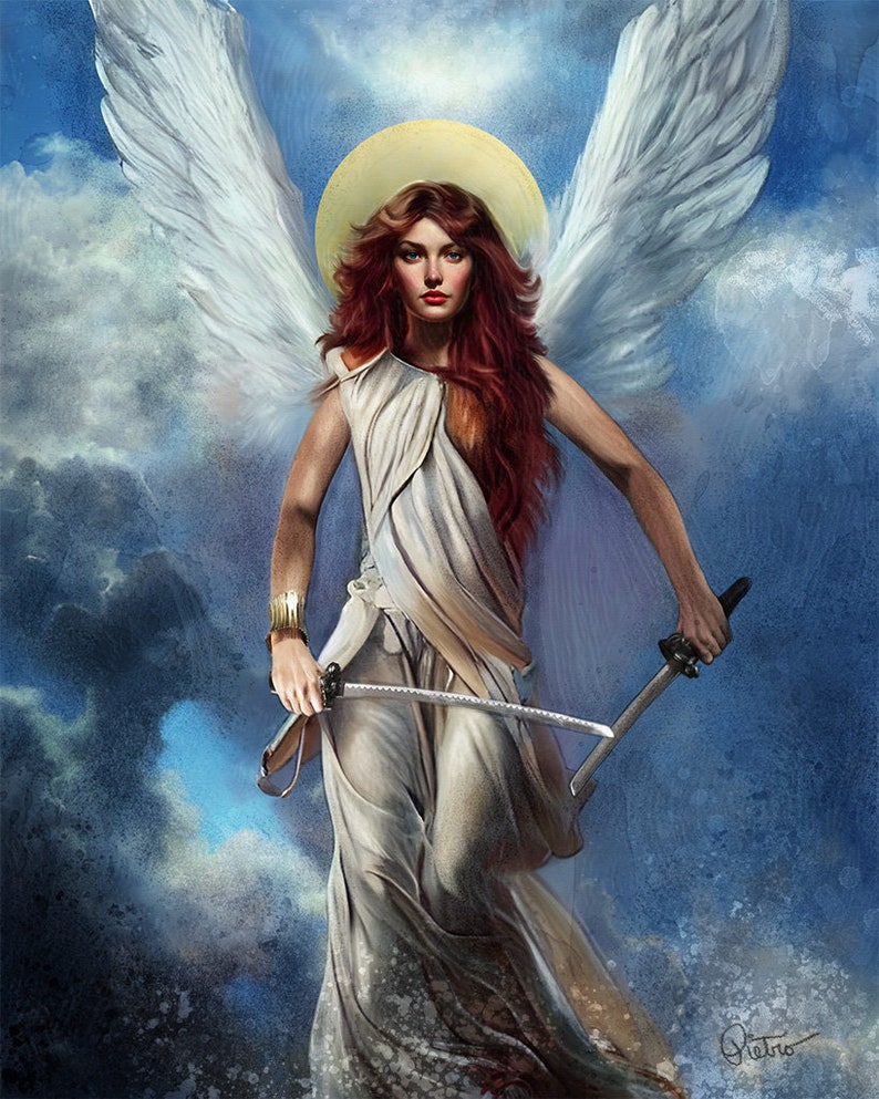 Wunderschöner gekleideter Engel Krieger mit zwei Schwertern, die in den Wolken steigen. 18 Zoll x 24 Zoll hochauflösende digitale Kunst download, druckbar. Bild 1