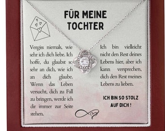 May include: A silver necklace with a knot pendant and a message card in a wooden box. The card reads "For my daughter" and includes a message about love and support.