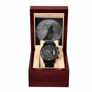 Hochwertige Uhr für deinen Sohn mit tollem Text auf Karte, verpackt in edler Geschenk-Box, Chronograf, Armbanduhr, Geburtstag, verschenken