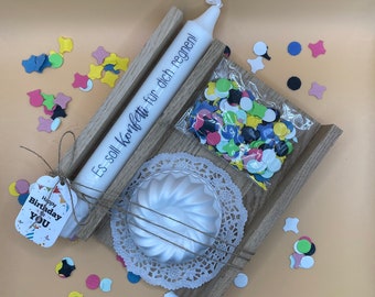 Einzigartiges, handgemachtes Geburtstagsgeschenk mit Konfetti und Kerze Gugelhupf handmade in Holzbox Eiche / Geschenkset