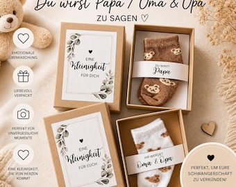 Schwangerschaft verkünden Geschenkbox „Eucalyptus“ – Für Großeltern Papa Oma Opa Tante Onkel Uroma Uropa | Babysocken | Baby | Überraschung
