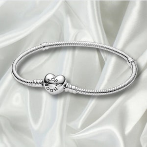 S925 Sterling Silver Minimalist Bracelet, Heart Clasp Snake Chain Bracelet, Pandora Bracelet, Charm Bracelet, Gift for Her