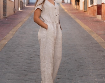 SALE Lose Leinen Jumpsuit, Roh gewaschen Flachs Romper, Damen Overall