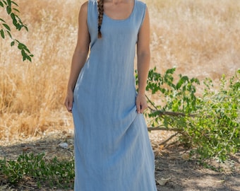 Ärmelloses Maxi-Kleid aus Leinen, verstellbare Taille, Bio-Flachs