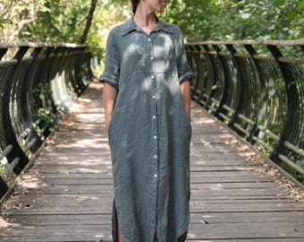 Bio Leinen Shirt Kleid, Damen Maxi Kleid, Einheitsgröße