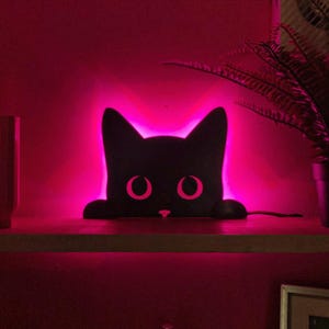 Op de afbeelding: Een zwart katvormig nachtlampje met gloeiende roze ogen en roze achtergrondverlichting. De kat staat op een plank, met een netsnoer dat uit de basis komt. De achtergrond is diep roze.