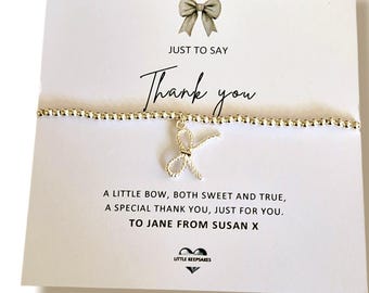 Just to Say Thank You Bracelet | Silver Plated Bow Charm Bracelet | Appreciation Keepsake | Friend, Teacher or Colleague Gift