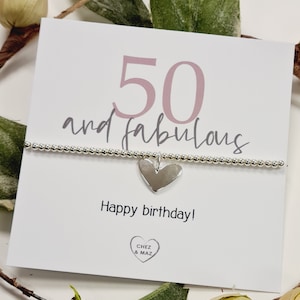 50 and fabulous, 50th Birthday, Fifty, 50th Gift I Happy birthday - Silver plated charm bracelet & silver heart charm