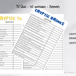 Könnte beinhalten: Zwei weiße Papier-Quizbögen mit schwarzem Text. Ein Bogen mit der gelben Überschrift Cryptic TV und der andere mit der blauen Überschrift Cryptic Drinks. Jeder Bogen enthält eine nummerierte Liste mit 20 Fragen und Leerzeilen. Oben steht der Text TV Quiz - 40 questions - 2themes.