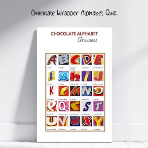 May include: A white rectangular poster titled Chocolate Wrapper Alphabet Quiz and Chocolate Alphabet Answers. It features a grid of twenty-five colourful letters, each styled after a specific chocolate bar wrapper, with corresponding brand names listed below.