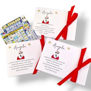 May include: An image featuring a lottery ticket and three white cards tied with red ribbons. The cards have a Santa Claus graphic wearing sunglasses and the name "Angela". The lottery ticket is for the "Winter Wonderland" game.