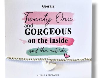 Personalised 21st Birthday Charm Bracelet: Silver Heart Keepsake, 21, twenty one, 21st gift