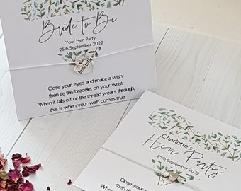 Hen Party Wish Bracelet: Eucalyptus Heart, Bride To Be, keepsake, Personalised