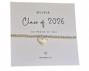 Class of 2026 Bracelet | So Proud of You Gift | Graduation Keepsake | Silver Beaded Stretch Bracelet | Circle or Heart Charm | End of School