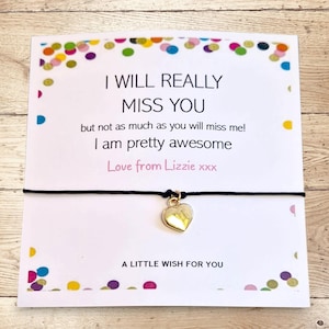 Bracelet personnalisé pour vos souhaits, tu vas vraiment me manquer, carte de départ, carte drôle nouvel emploi nouvelle école, cadeau de voyage de départ