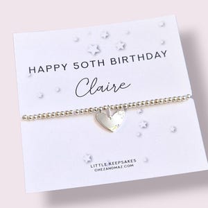 50th Birthday Bracelet | Silver Plated Heart Charm | Gift for Her | Milestone Birthday Jewellery | Personalised Birthday Gift for Women