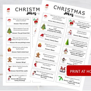 May include: Two white sheets of paper featuring Christmas Jokes with black text and colorful holiday icons including Santa, Christmas trees, candy canes, snowmen, gifts, gingerbread men, stockings, and gnomes. A red rectangular box says PRINT AT HOME.