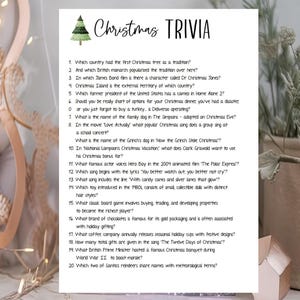 May include: A white card with the title "Christmas TRIVIA" and a Christmas tree graphic. The card features 20 trivia questions about Christmas, covering movies, songs, and traditions. The questions are in black text.