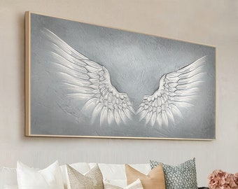 Oil Painting Gray Angel Wing on Canvas — Modern Large Abstract Feather Wings Canvas Art — Minimalist Artwork for Wall, Living Room, Bedroom