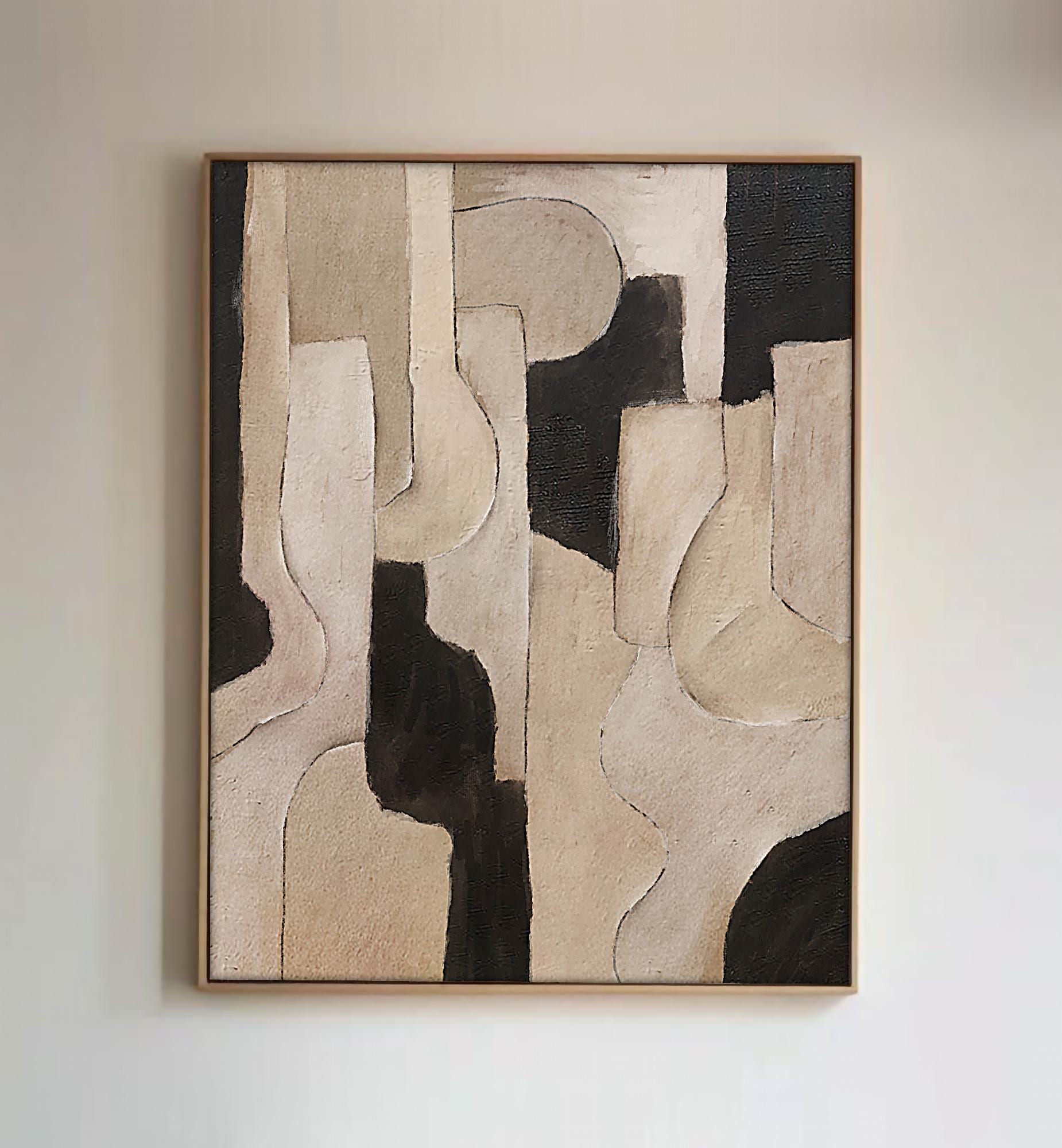 Beige and Black Abstract Painting — Playful Wall Deco Art — Boho ...