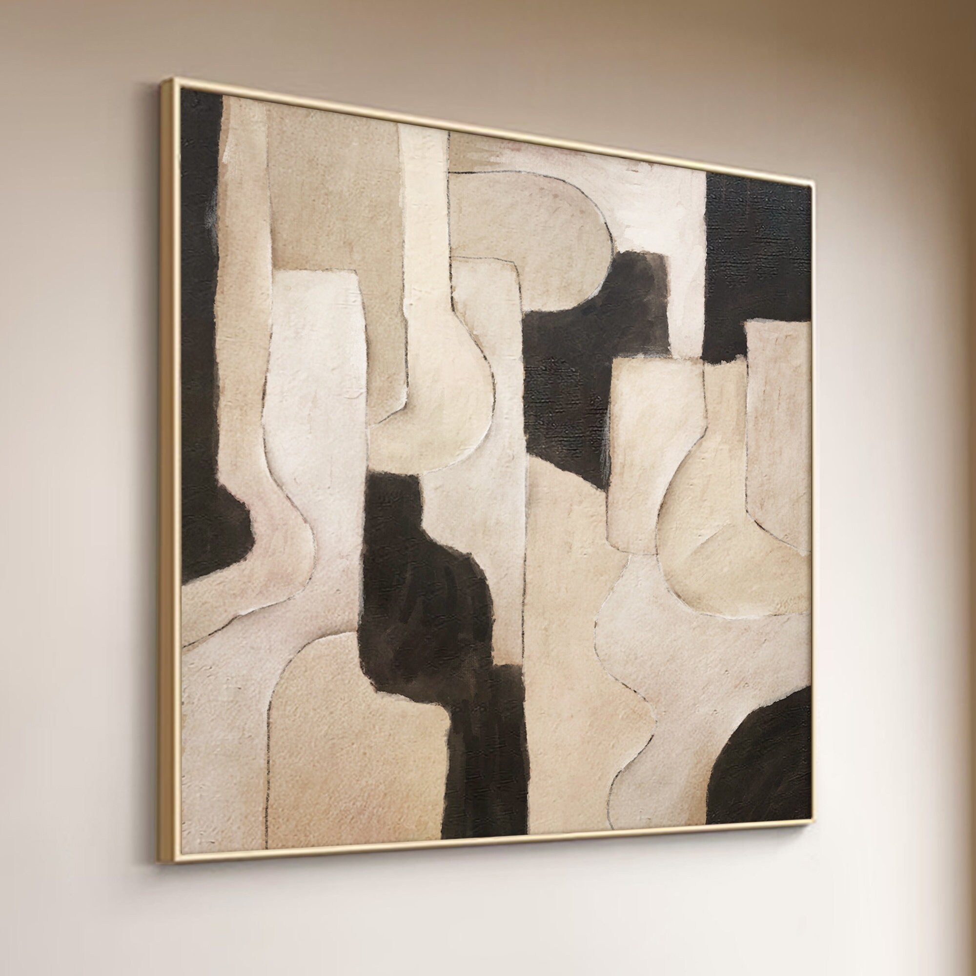 Beige and Black Abstract Painting Playful Wall Deco Art Boho Minimalist ...