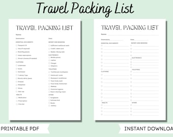 May include: A printable travel packing list checklist with two columns. The left column includes categories for essential documents, clothing, health, and other. The right column includes categories for money and banking, electronics, toiletries, and other. Each category has a list of items to pack with checkboxes next to each item.
