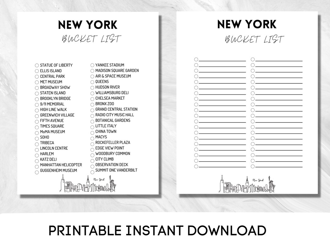 New York, Bucket List Printable Travel Bucket List Travel Planner