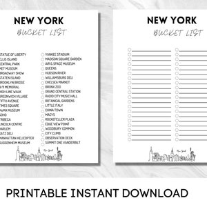 Nova York, lista de baldes para impressão | Lista de viagens | Lista de verificação do planejador de viagens | A4, Carta dos EUA