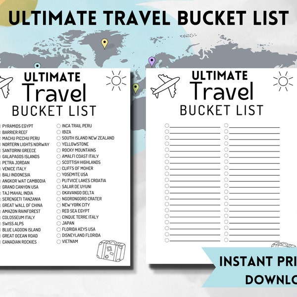 Travel Bucket List, Printable Download, Wanderlust List, Travel To Do List, Dream Trips, PDF, Travel Wish List, Digital Download, Planner
