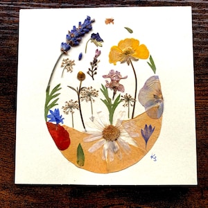Tarjeta de flores prensadas hecha a mano, tarjeta de Pascua, tarjeta con flores naturales, tarjeta para ella, tarjeta botánica especial de Pésaj, única, tarjeta 2 en 1