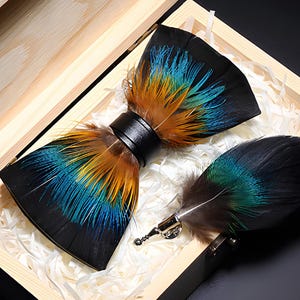 Handmade Feathered Bowtie with Brooch Set for Mens, Weddings / Party / Groom / Groomsman Outfit Styling Accessories - Gift for Him