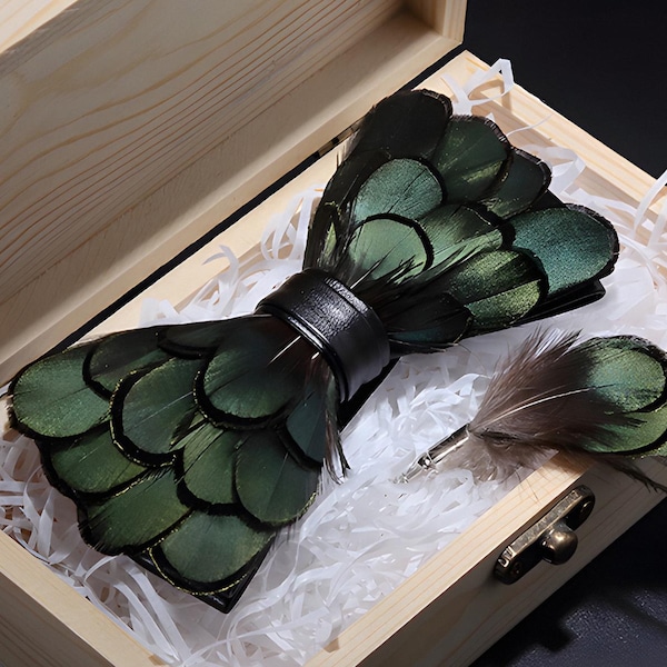 Green Feathered Mens Bow Tie with Brooch Set, Weddings / Grooms / Best Man / Groomsman Outfit, Mens Accessory - Unique Gift for Him
